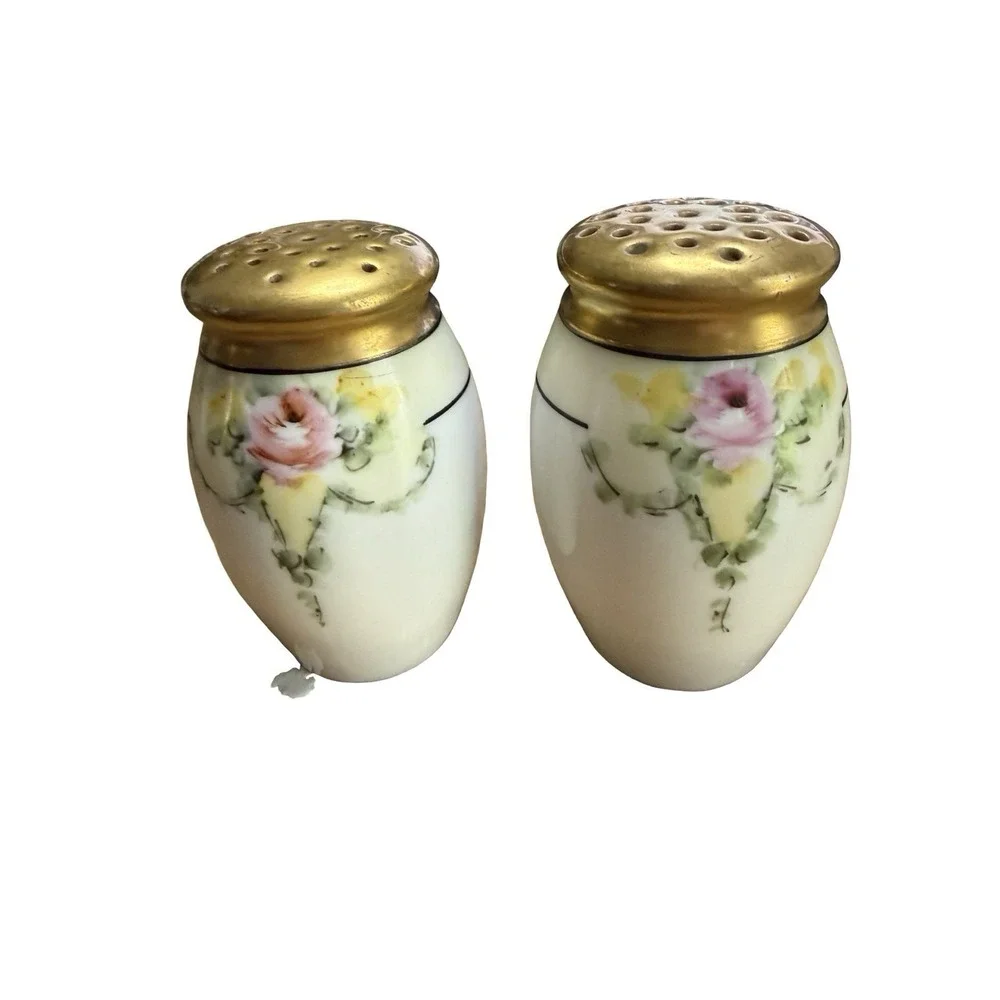 Vintage‎ Porcelain Salt & Pepper Shakers Royal Austria Gold Flowers Hand Painted
